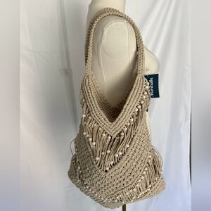Boho Beaded Woven Shoulder Purse Beige